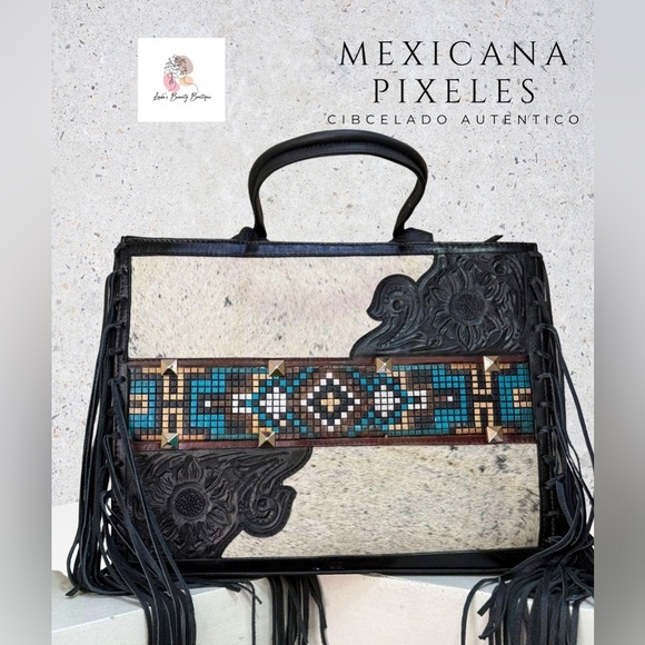 cincelado Artesenal Handbags - Large Tote Hair on Genuine Leather Western Hand Bag / Black Shoulder Bag